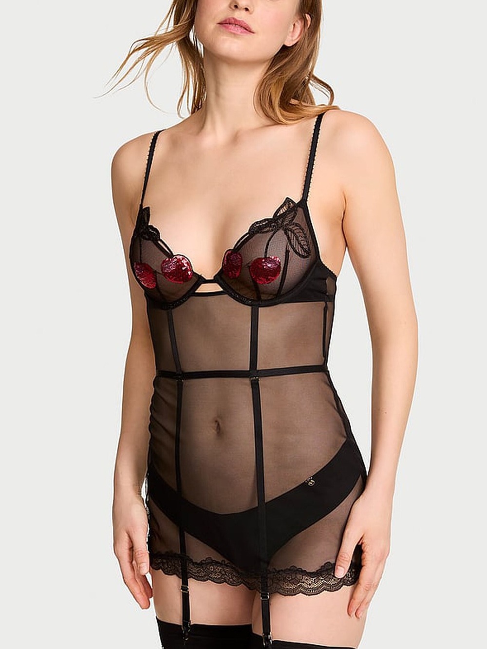 Victoria’s Secret Cherry Embroidery Sequin Shine Cupped Garter Slip Lingerie
